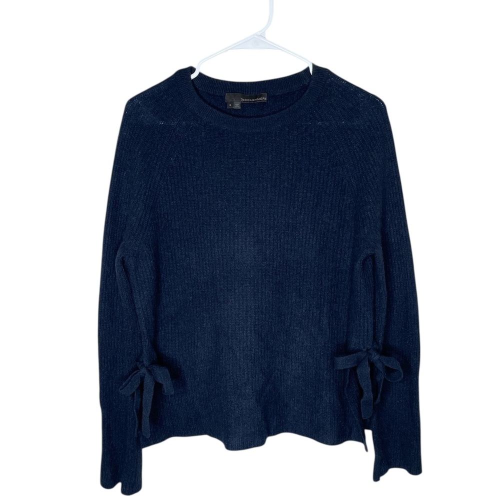 360 Cashmere Ribbed Navy 100% Cashmere Crew Sweater Size Small Side Slits Bows